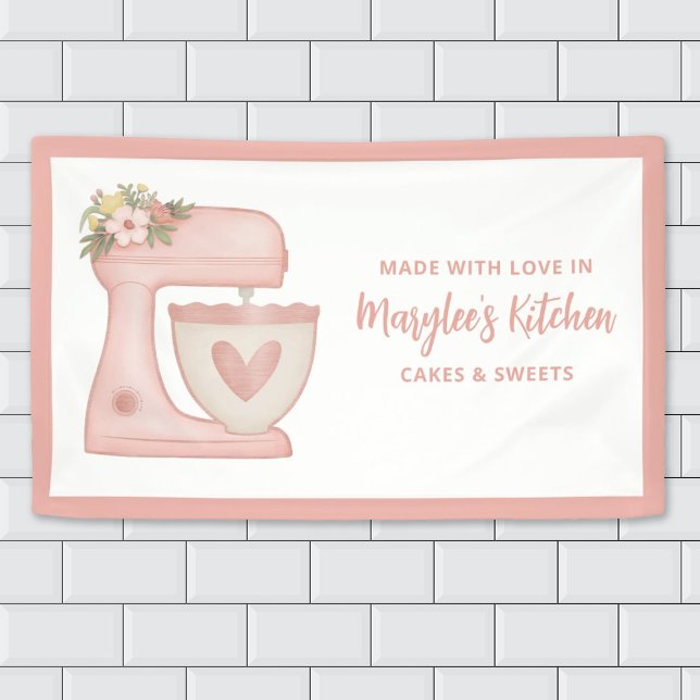 Mit Liebe Bäckerei Konditorei Koch Banner (Cute pink Bakery banner featuring a stand mixer with flowers)