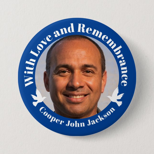 Mit Liebe blau zwei weiße Tauben Foto Erinnerung Button (Vorderseite)