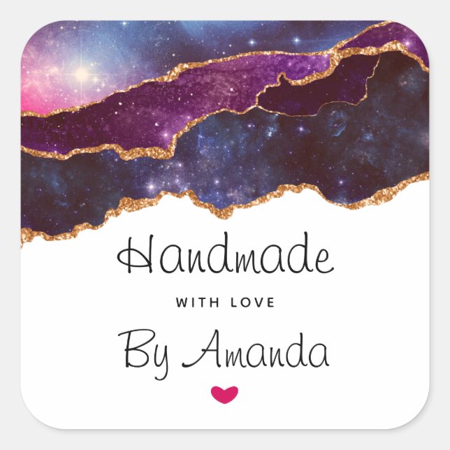 Mit Liebe Blue & Lila Space & Stars Agate hergeste Quadratischer Aufkleber (Vorderseite)