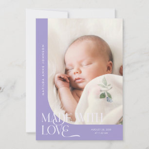 Mit Liebe Gemacht Violette Foto-Geburtsanzeige Ankündigung