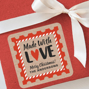 Mit Liebe hergestellte Kraftpapier-Weihnachtsstemp Quadratischer Aufkleber