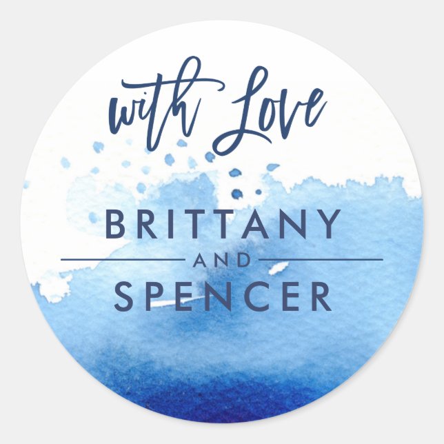 MIT LIEBE Moderne handsignierte blaue Aquarellfarb Runder Aufkleber (Vorderseite)