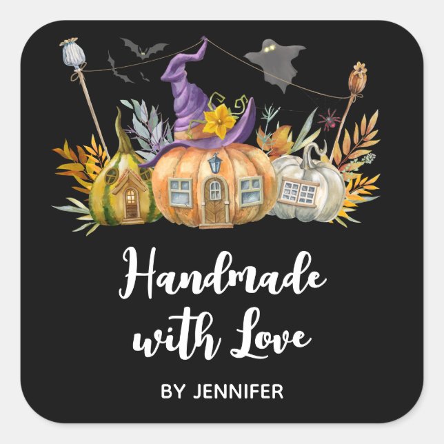 Mit Liebe Spuk Pumpkin House Ghosts & Bats Quadratischer Aufkleber (Vorderseite)