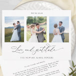 Mit Liebe und Dankbarkeit Elegantes Foto Hochzeit Dankeskarte<br><div class="desc">Vielen Dank an Ihre Gäste mit dieser eleganten drei Foto Collage Hochzeit danke Ihnen Karte! Sauberes, schlichtes Schwarz-Weiß-Design mit Eleganz und Grazie. Phrase "mit Liebe und Dankbarkeit" in der modernen handgeschriebenen Kalligraphie. Einfache Vorlage, wo Sie Ihre Bilder hinzufügen können, Zazzle wird alle Arbeit und fügen Sie sie in der richtigen...</div>