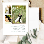 Mit Liebe und Dankbarkeit Foto, Grüne Hochzeit Dankeskarte<br><div class="desc">Vielen Dank für Ihre Gäste mit dieser eleganten, modernen 3-Foto Collage Hochzeit danke Ihnen Karte! Sauberes, schlichtes, weißes und grünes Design mit dem Satz "mit unserer Liebe und Dankbarkeit" in einer Mischung aus moderner Blocktypografie und moderner handgeschriebener Kalligraphie. Zurück mit dem Bereich für Ihre Nachricht und Namen mit Text in...</div>