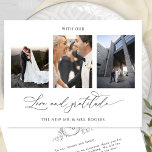 Mit Liebe und Dankbarkeit Foto Monogram Wedding Dankeskarte<br><div class="desc">Vielen Dank an Ihre Gäste mit dieser eleganten drei Foto Collage Hochzeit mit Monogramm danke Ihnen Karte! Sauberes, schlichtes Schwarz-Weiß-Design mit Eleganz und Grazie. Phrase "mit Liebe und Dankbarkeit" in der modernen handgeschriebenen Kalligraphie. Zurück mit elegantem handgezeichnetes Monogramm mit Paarinitialen und Bereich für Ihre Nachricht. Einfache Vorlage, wo Sie Ihre...</div>