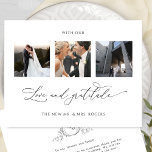Mit Liebe und Dankbarkeit Monogram Wedding Foto Dankeskarte<br><div class="desc">Vielen Dank an Ihre Gäste mit dieser eleganten drei Foto Collage Hochzeit mit Monogramm danke Ihnen Karte! Sauberes, schlichtes Schwarz-Weiß-Design mit Eleganz und Grazie. Phrase "mit Liebe und Dankbarkeit" in der modernen handgeschriebenen Kalligraphie. Zurück mit elegantem handgezeichnetes Monogramm mit Paarinitialen und Bereich für Ihre Nachricht. Einfache Vorlage, wo Sie Ihre...</div>