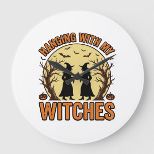 Mit meinen Hexen abhängen Vintage Halloween Design Große Wanduhr