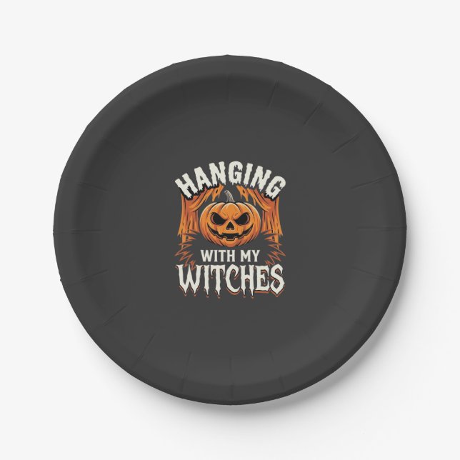 Mit meinen Hexen hängend Halloween-Kürbis Pappteller (Vorderseite)