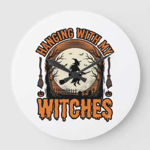 Mit meinen Hexen hängend Vintage-Halloween-Shirt D Große Wanduhr