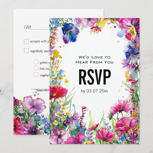 💍 mit Menü Meadow Blooms RSVP-Karte Einladung (Vorne/Hinten)