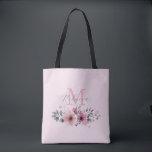 Mit Monogramm<br><div class="desc">Botanischer Chic floral elegante Pflanze blättern graue rot-grüne Blume monogramm Tote Tasche.</div>