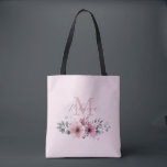 Mit Monogramm<br><div class="desc">Botanischer Chic floral elegante Pflanze blättern graue rot-grüne Blume monogramm Tote Tasche.</div>