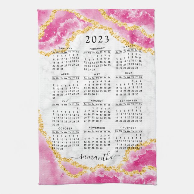 Mit Monogramm 2023 Kalender Girly Elegant Rosa Wei Geschirrtuch (Vertikal)