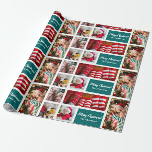 Mit Monogramm 5 Foto Collage Blue Weihnachten Geschenkpapier