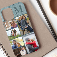 Mit Monogramm 6 Foto Collage Coastal Blue Wood
