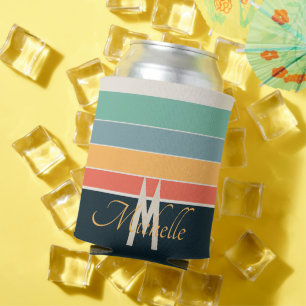 mit Monogramm 70er Retro Stripes Navy und Rosa Dosenkühler