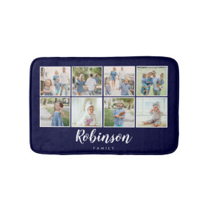 Mit Monogramm 8-Foto-Familie Collage Navy Blue Badematte