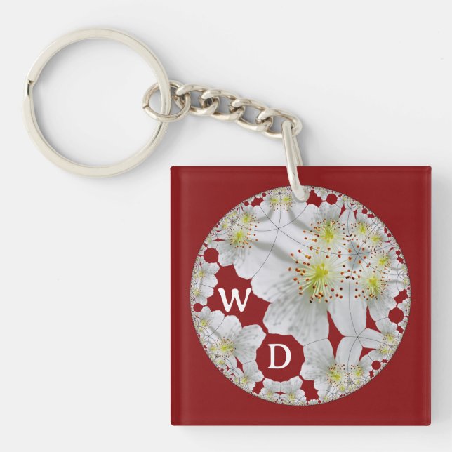 Mit Monogramm Abstrakter Spaß Blumenmuseum Burgund Schlüsselanhänger (Vorderseite)