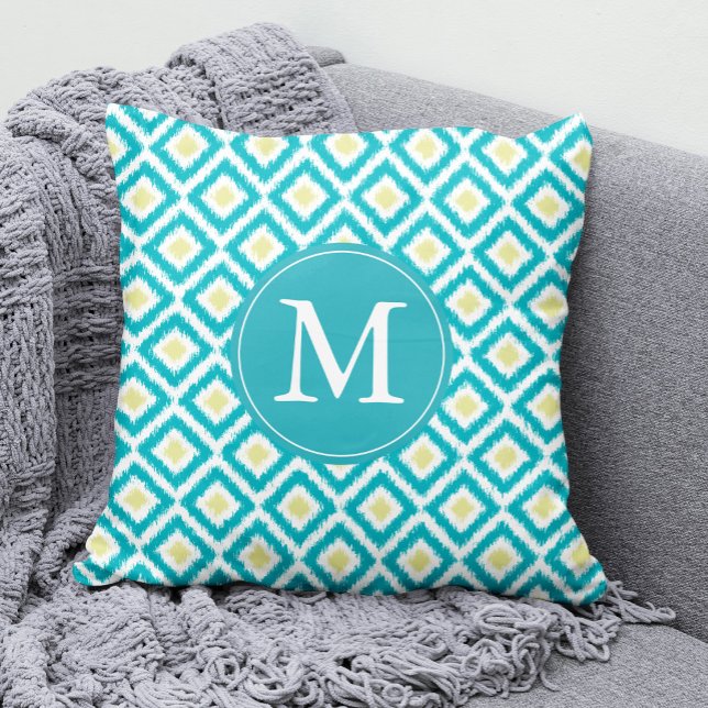 Mit Monogramm Aqua Lemon Diamonds Ikat Pattern Kissen (Von Creator hochgeladen)