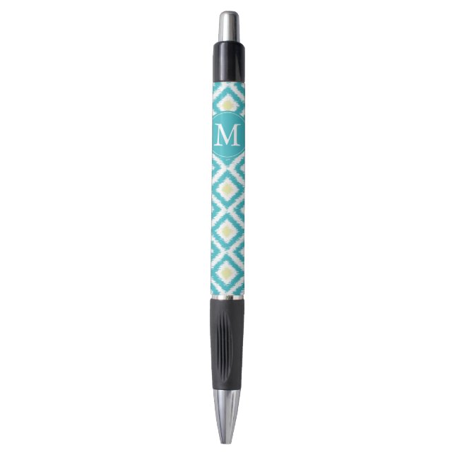 Mit Monogramm Aqua- und Yellow-Ikat-Muster Kugelschreiber (Vorderseite Vertikal)