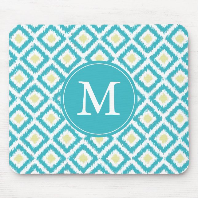 Mit Monogramm Aqua- und Yellow-Ikat-Muster Mousepad (Vorne)