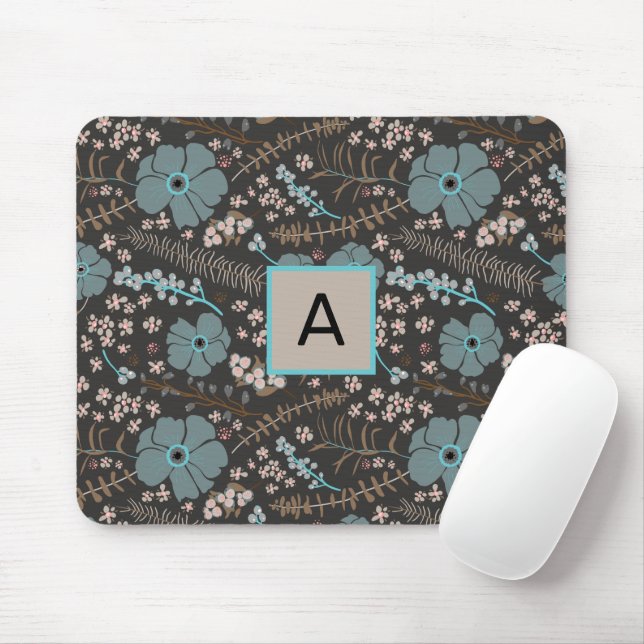 Mit Monogramm Aquamarin-Graurosa Blumenmuster Mousepad (Mit Mouse)