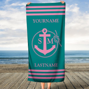 Mit Monogramm Aquamarin rosa Anker Strandtuch