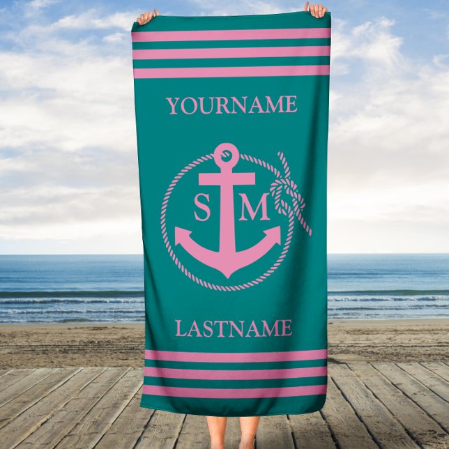 Mit Monogramm Aquamarin rosa Anker Strandtuch (Von Creator hochgeladen)