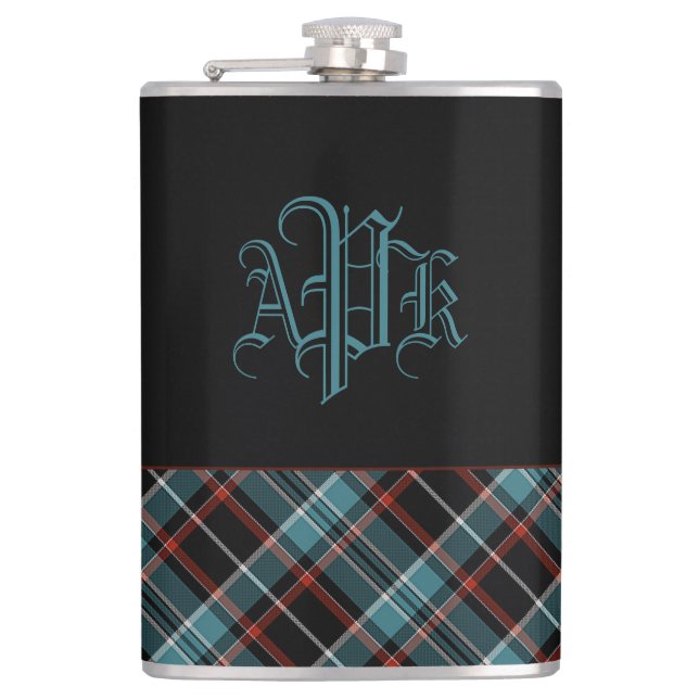 Mit Monogramm Aquamarin, schwarz und rot Kariert Flachmann (Vorderseite)