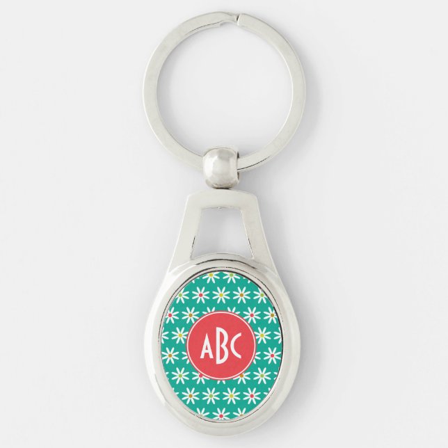 Mit Monogramm Aquamarine Daisy Dots Schlüsselanhänger (Vorderseite)
