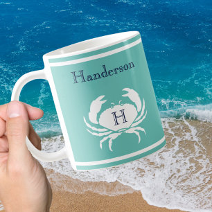 Mit Monogramm Aquamarine Navy White Crab Nautical  Kaffeetasse