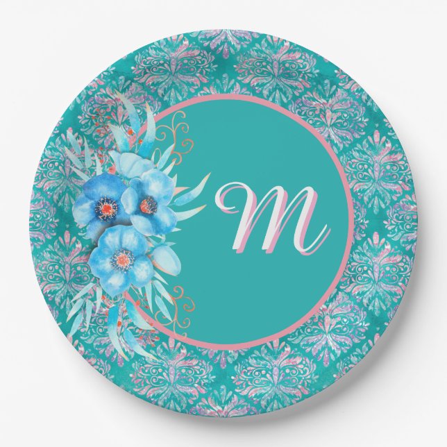 Mit Monogramm Aquamarine Papierplatte Pappteller (Vorderseite)