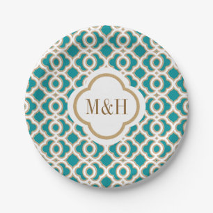 Mit Monogramm Aquamarine und goldene marokkanische Pappteller