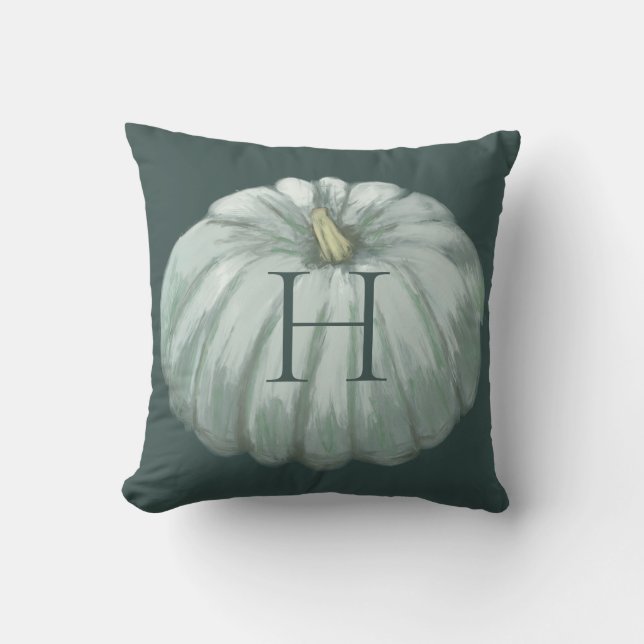 Mit Monogramm Aquamariner Fall Pumpkin Kissen (Vorderseite)