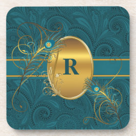 Mit Monogramm Aquamariner Pfau und Gold Drink Untersetzer