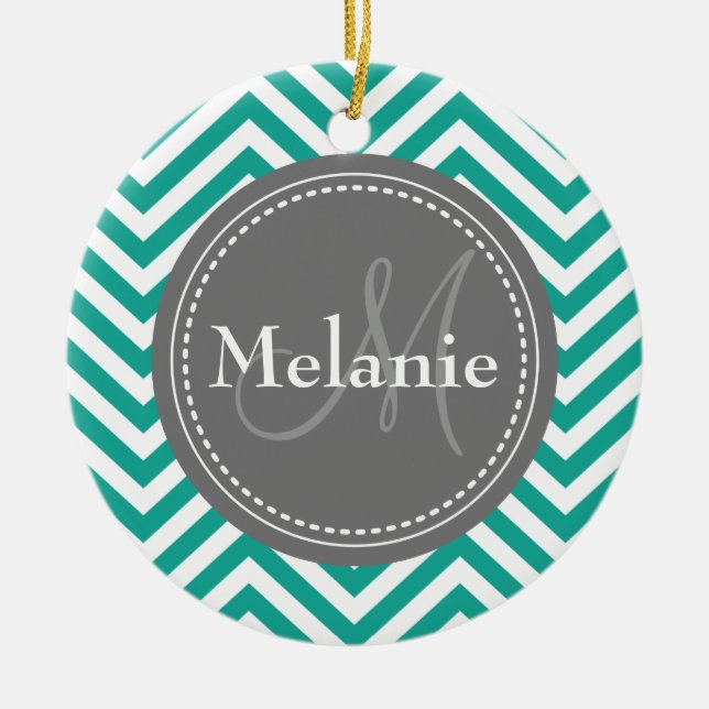Mit Monogramm Aquamarines Blau und Grau Zigzag Keramik Ornament (Vorne)