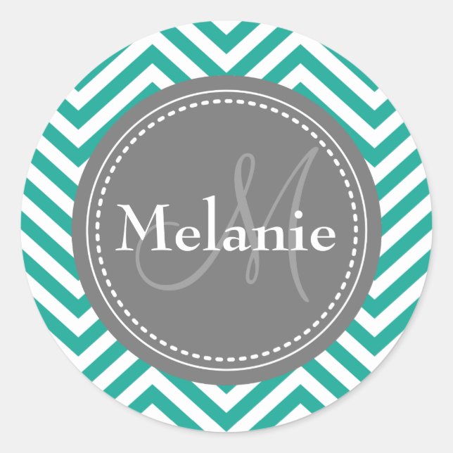 Mit Monogramm Aquamarines Blau und Grau Zigzag Runder Aufkleber (Vorderseite)