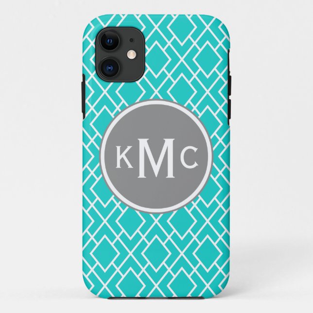 Mit Monogramm Aquamarines blaues Diamantmuster Case-Mate iPhone Hülle (Rückseite)