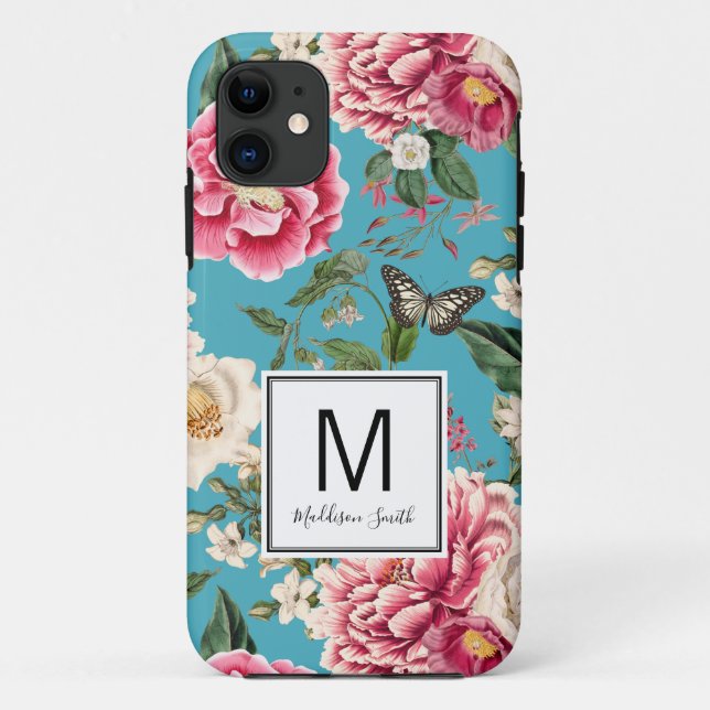 Mit Monogramm Aquamarines Blumenmuster Case-Mate iPhone Hülle (Rückseite)
