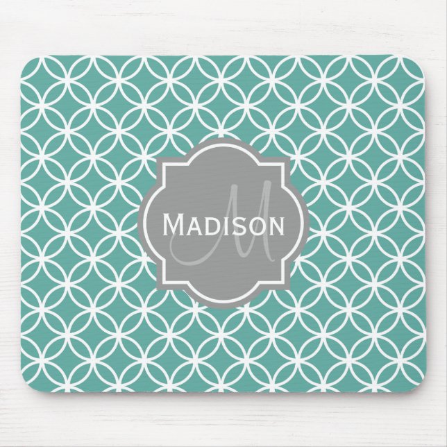 Mit Monogramm Aquamarines Lichtkreismuster Mousepad (Vorne)