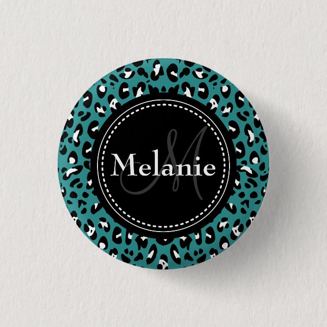 Mit Monogramm Aquamarines Schwarz-weißes Leopard-M Button (Vorderseite)