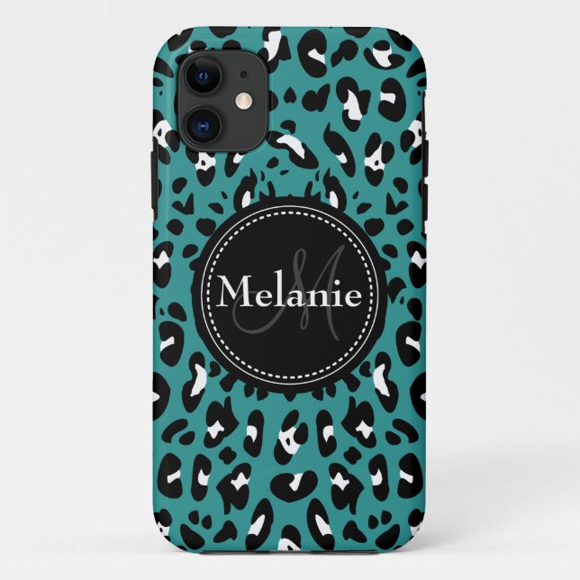 Mit Monogramm Aquamarines Schwarz-weißes Leopard-M Case-Mate iPhone Hülle (Rückseite)