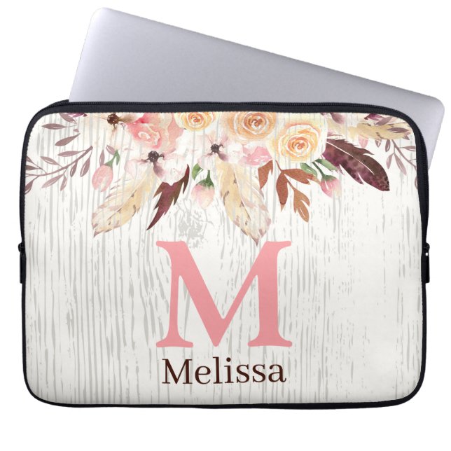 Mit Monogramm Aquarellblume auf rustikalem Weißhol Laptopschutzhülle (Vorderseite)