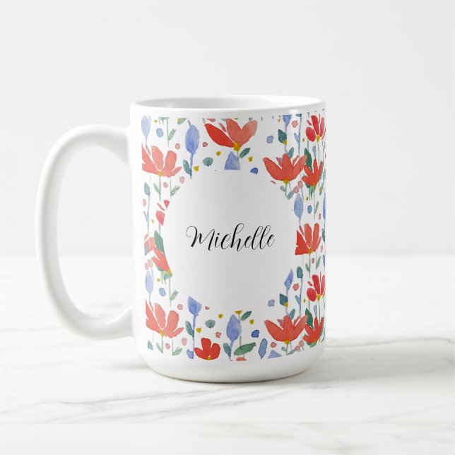 Mit Monogramm Aquarellblume in Rot und Blau Kaffeetasse (Links)