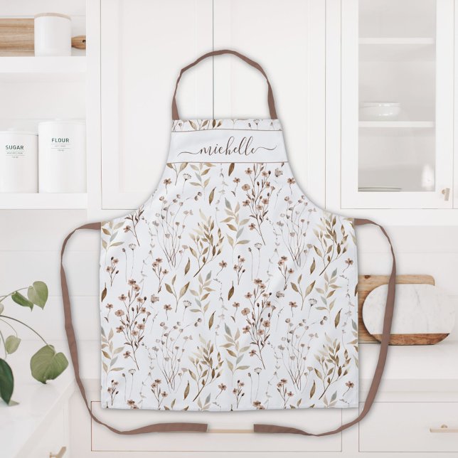 Mit Monogramm Aquarellbraun-Wildblumen-Blätter Schürze (In situ)
