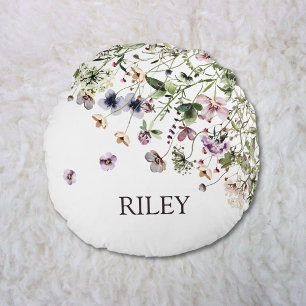 Mit Monogramm Aquarellfarben Lila Wildblumen Rundes Kissen