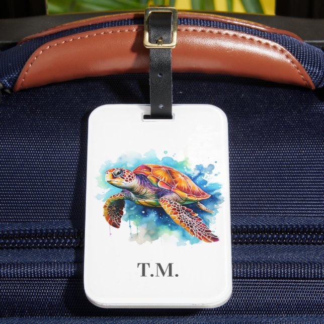 Mit Monogramm Aquarellschildkröte Gepäckanhänger (Vorderseite Insitu 2)