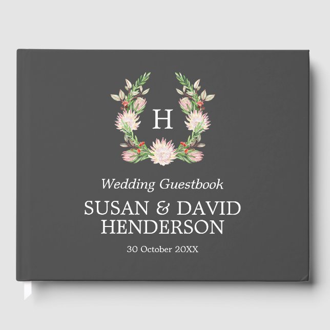 Mit Monogramm australische Blume Gray & Pink Weddi Gästebuch (Vorderseite)