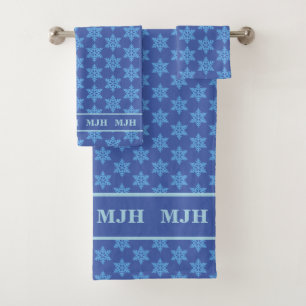 Mit Monogramm Badetuch Set - Blaue Schneeflocken
